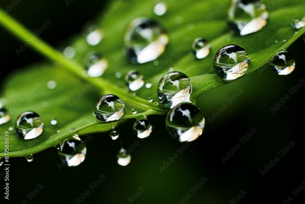 Close-up of sparkling water droplets on a vibrant green leaf with a dark background Close-up of sparkling water droplets on a vibrant green leaf with a dark background