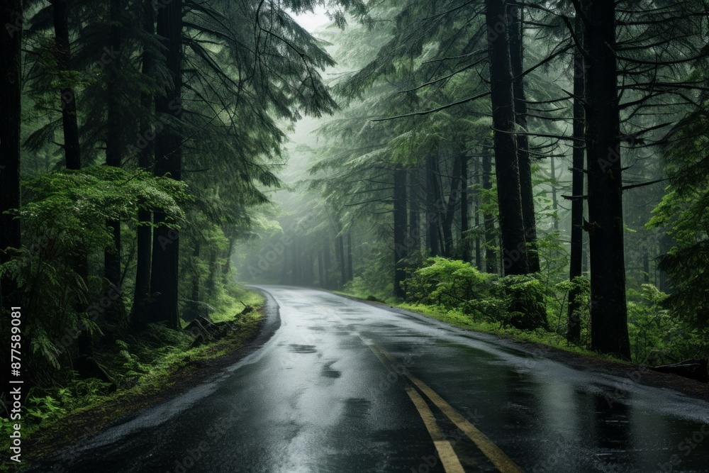Fototapeta premium Serene view of a wet road winding through a foggy evergreen forest