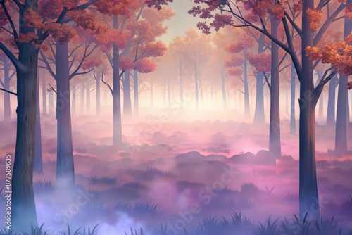 Enchanted forest at dawn, where sunlight kisses the mist photo