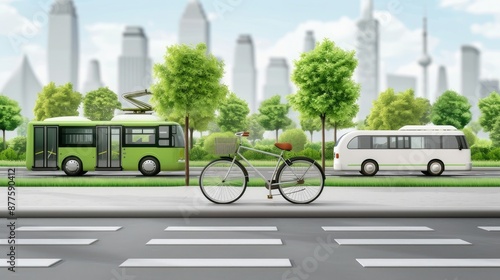 A green bus and a white bus are parked on a city street. There is a bicycle parked on the sidewalk in front of a crosswalk