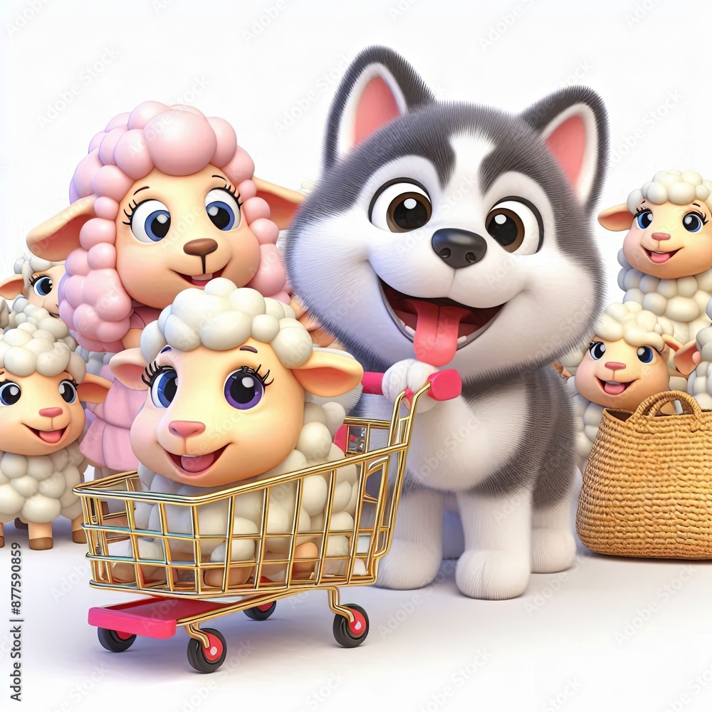 Obraz premium Cute Husky Dog And Sheep Playing With Trolley Cartoon 3d Generative AI