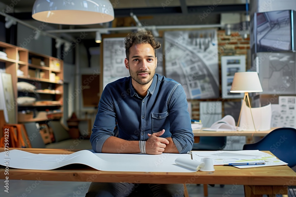 A man is sitting at a desk with a white sheet of paper in front of him. He is wearing a blue shirt and a wristwatch. The room has a modern design with a lot of white and blue colors A man is sitting at a desk with a white sheet of paper in front of him. He is wearing a blue shirt and a wristwatch. The room has a modern design with a lot of white and blue colors