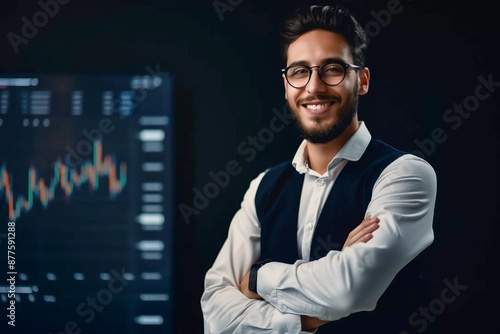 A man in a suit and glasses is smiling and standing in front of a computer monitor. He is wearing a vest and a white shirt