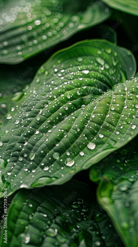 Obraz premium Generative AI. Close-up of large, green hosta leaves with water droplets on them