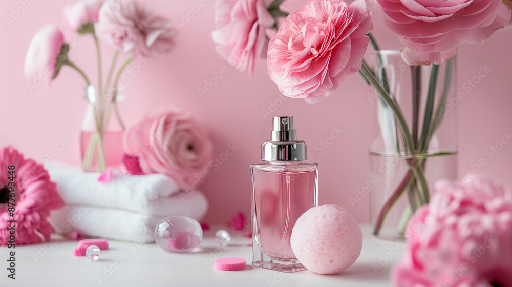 Generative AI. Pink flowers and cosmetics on pink background with copy space for text . A bottle of perfume, soap ball or sponges in glass vase near it. Beautiful home interior design of modern bathro Generative AI. Pink flowers and cosmetics on pink background with copy space for text . A bottle of perfume, soap ball or sponges in glass vase near it. Beautiful home interior design of modern bathro