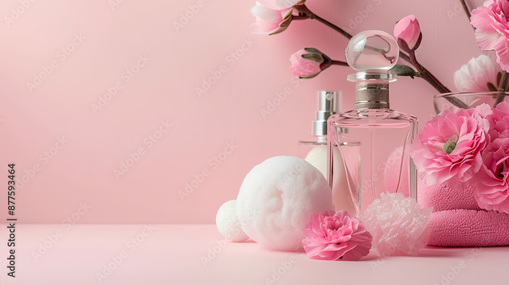 Generative AI. Pink flowers and cosmetics on pink background with copy space for text . A bottle of perfume, soap ball or sponges in glass vase near it. Beautiful home interior design of modern bathro Generative AI. Pink flowers and cosmetics on pink background with copy space for text . A bottle of perfume, soap ball or sponges in glass vase near it. Beautiful home interior design of modern bathro
