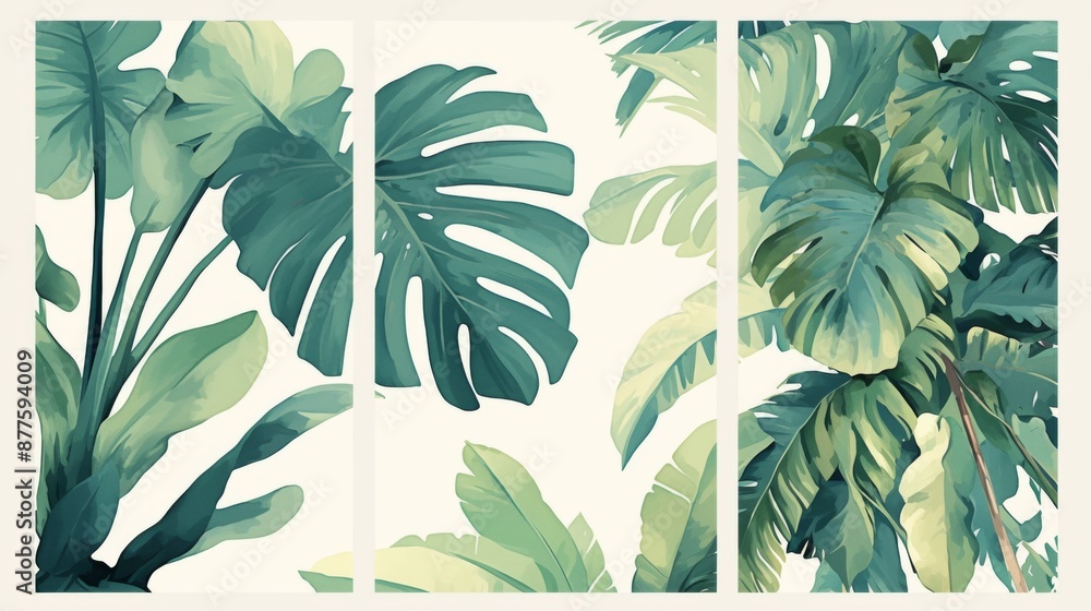 three black frames side by side on a white background, each frame has one large tropical leaf three black frames side by side on a white background, each frame has one large tropical leaf