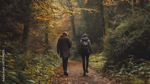 Couple hiking on a forest path in autumn.