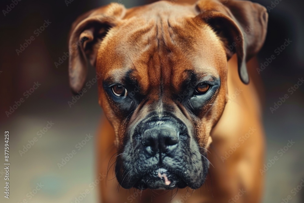 Brown and black boxer dog with an intense stare Brown and black boxer dog with an intense stare