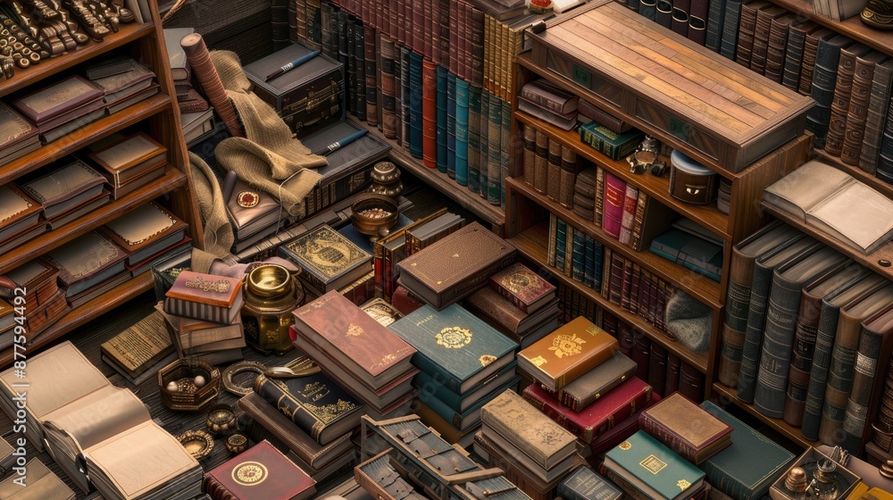 A close-up view of a stack of leather-bound books with gilded edges, arranged in a library or antique shop setting A close-up view of a stack of leather-bound books with gilded edges, arranged in a library or antique shop setting