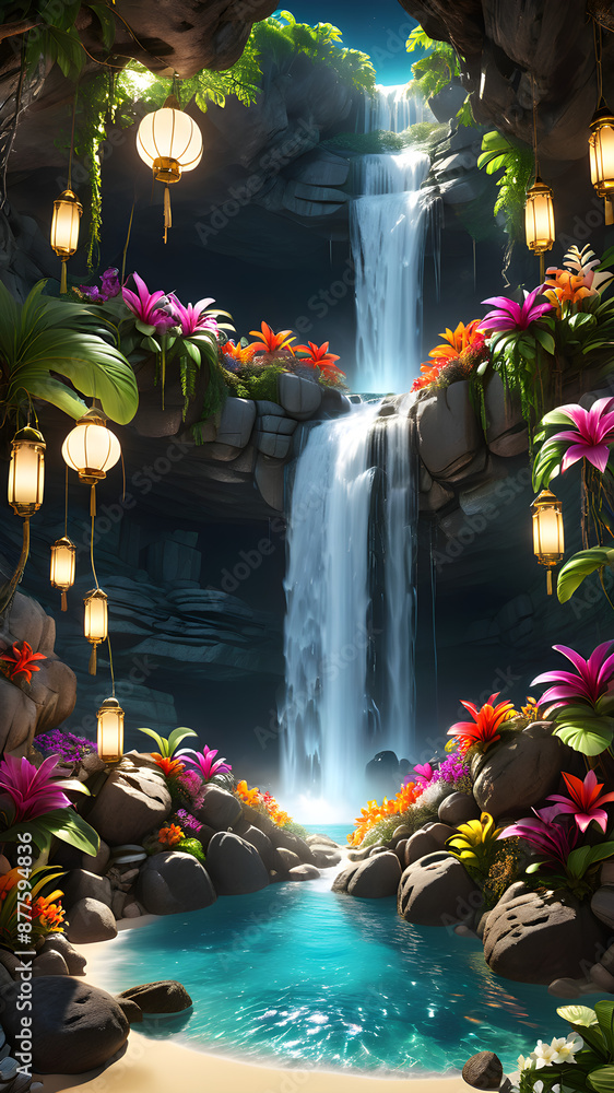 Waterfall Inside Rocky Cave with Glowing Pond Laterns and Tropical ...