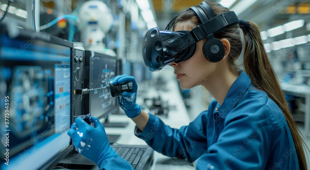Female worker in blue uniform using virtual reality in a high-tech manufacturing facility Female worker in blue uniform using virtual reality in a high-tech manufacturing facility