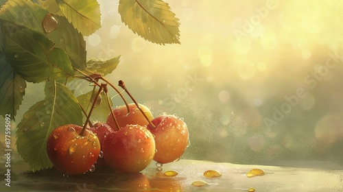 Wallpaper Mural   A cherry painting with water droplets on leaf branches Torontodigital.ca