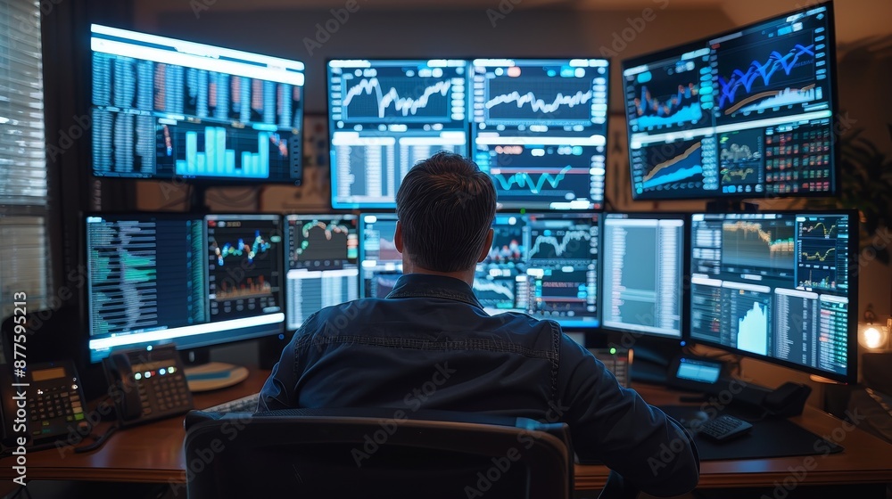 Financial advisor analyzing stock market data on multiple screens in a sophisticated home office Financial advisor analyzing stock market data on multiple screens in a sophisticated home office