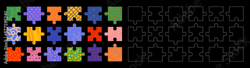 Abstract thinking puzzle game, bright textures mosaic vector template, Colorful and contour jigsaw tiles with bizarre motley pattern in patchwork style, aesthetic naive ornament on a black background
