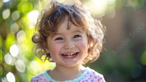 A little girl with curly hair smiles with her front teeth missing.