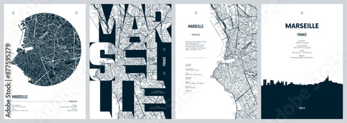 Set of travel posters with Marseille, detailed urban street plan city map, Silhouette city skyline, vector artwork