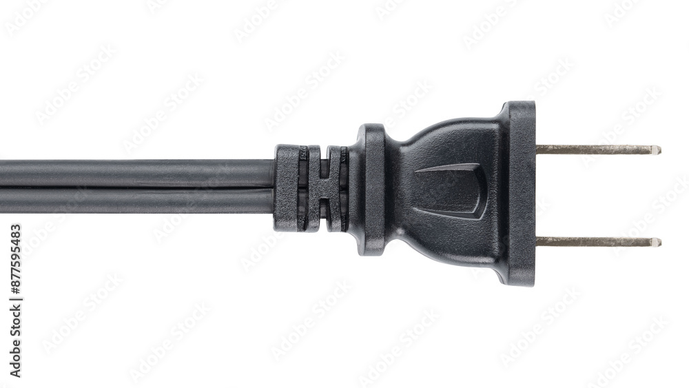 Electrical Wire with Power plug. Black rubber Cord or cable with plug. United States and Canada, national standards voltage 110V - 120V Electrical repairs shop. Replacements parts. Isolated background Electrical Wire with Power plug. Black rubber Cord or cable with plug. United States and Canada, national standards voltage 110V - 120V Electrical repairs shop. Replacements parts. Isolated background