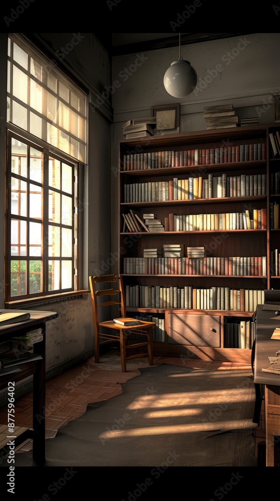 A wooden library filled with books, a ladder for reaching the higher shelves, and various antique objects on the floor A wooden library filled with books, a ladder for reaching the higher shelves, and various antique objects on the floor