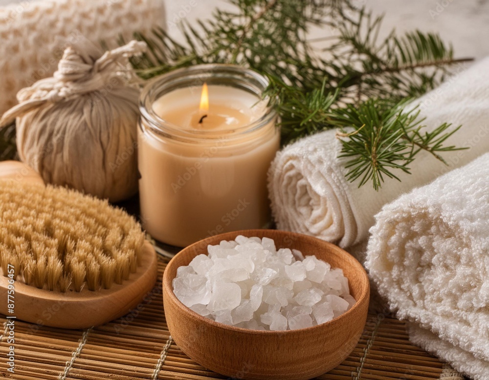 Elegant Spa Set Up with Natural Elements and Textures, Elegant spa setting with natural elements for a serene beauty routine, spa composition. Elegant Spa Set Up with Natural Elements and Textures, Elegant spa setting with natural elements for a serene beauty routine, spa composition.