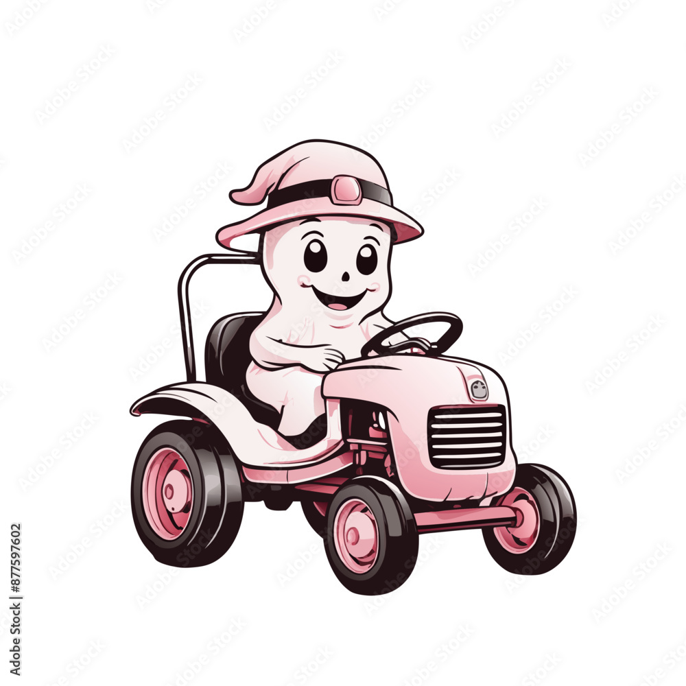 graphic of a ghost in a hat riding an old pink tractor graphic of a ghost in a hat riding an old pink tractor