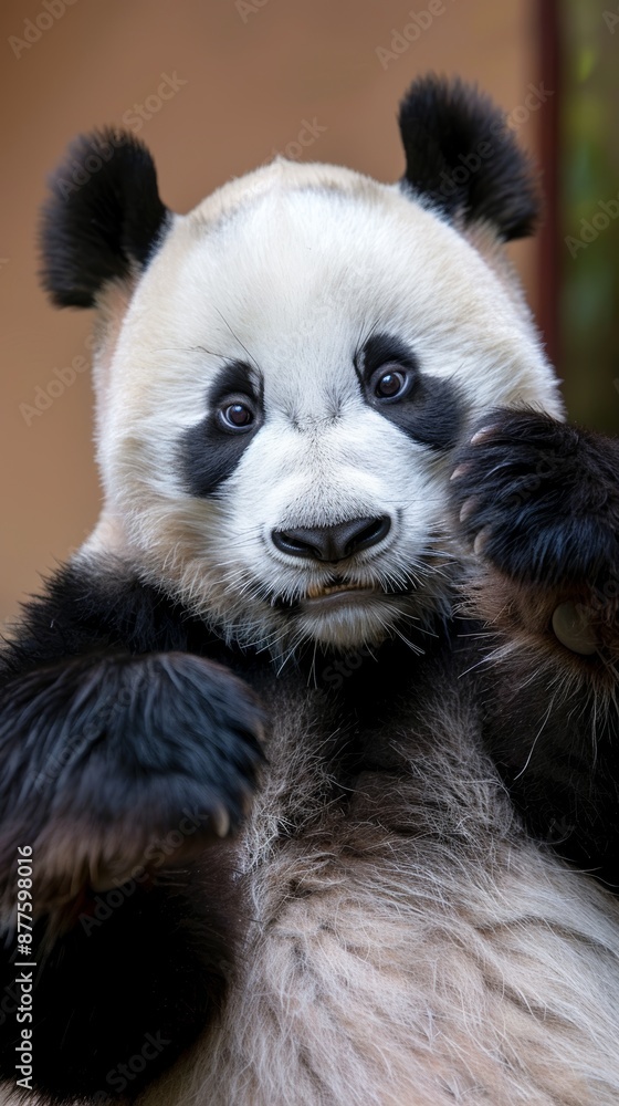 Naklejka premium Close-up of a panda cub looking at the camera with a blurred background