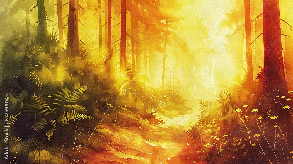 Naklejka premium A painting depicts a forest trail surrounded by tall trees and vibrant flora on both sides