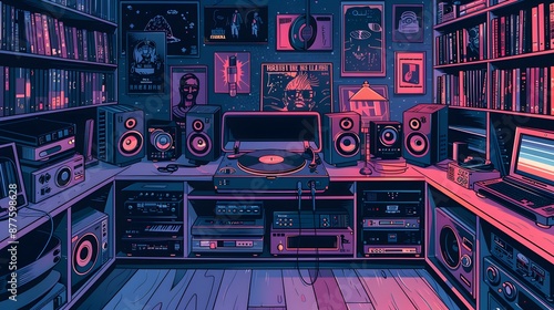 Funky podcast studio with vinyl records, vintage microphones, and groovy colors.