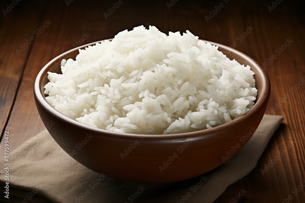 Steamed white rice served in a terracotta bowl, ready to accompany any meal Steamed white rice served in a terracotta bowl, ready to accompany any meal