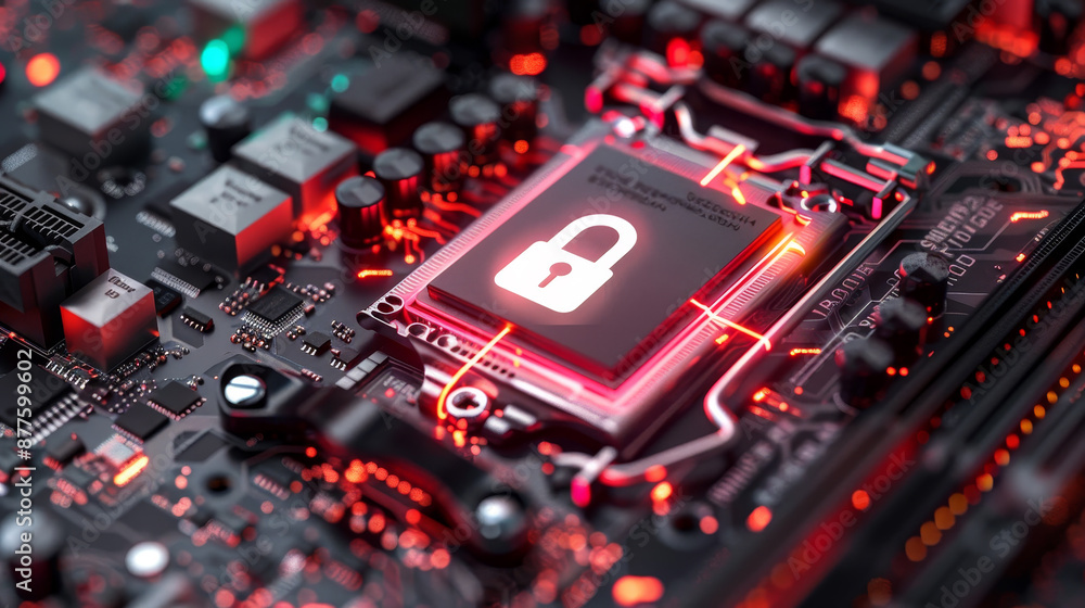 A computer chip with a red glowing lock on it A computer chip with a red glowing lock on it