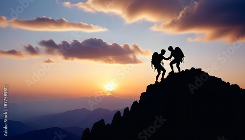 silhouette of the climber helping the other climber for reaching the top of mountain, cloudy sky at sunset time, copy space for text
