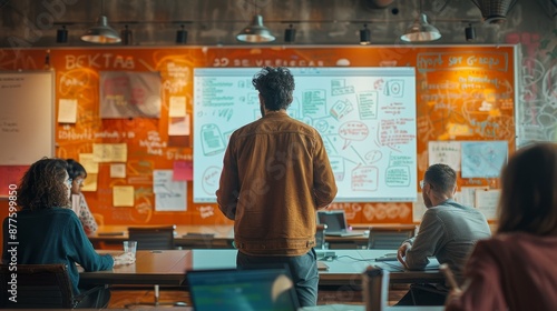 Executive brainstorming session with digital whiteboards and innovative ideation tools in a modern office
