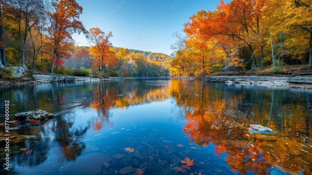 Fototapeta premium Serene river winding through a dense forest, with vibrant autumn foliage reflecting in the calm waters under a clear sky
