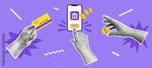 Collage with halftone hands, money, credit card and shapes. Mobile banking and online payment concept vector pop art illustration. Design for infographic, poster, website