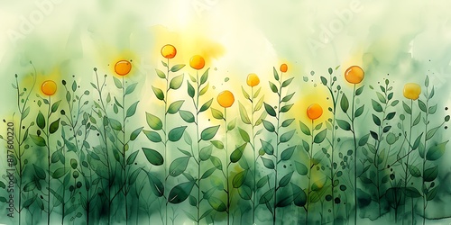 Fototapeta Naklejka Na Ścianę i Meble -  Watercolor painting of yellow flowers and green leaves