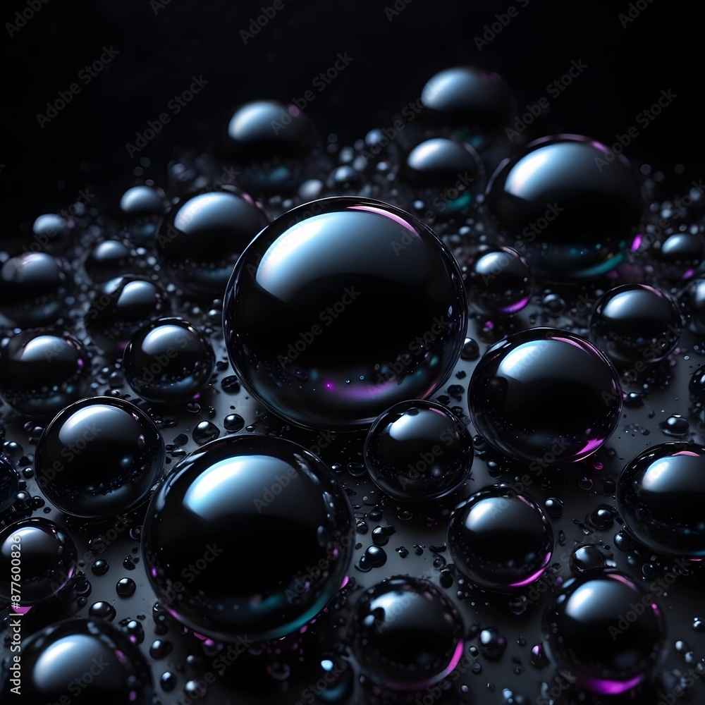 Ebony black spherical droplets of various sizes floating against a black background Ebony black spherical droplets of various sizes floating against a black background