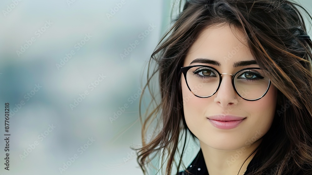 A close-up portrait of a woman with dark hair wearing black eyeglasses and looking towards the camera. She has a gentle smile A close-up portrait of a woman with dark hair wearing black eyeglasses and looking towards the camera. She has a gentle smile