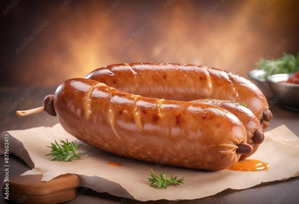 delicious Bratwurst Sausage at restaurant, ad shot, copy space for text delicious Bratwurst Sausage at restaurant, ad shot, copy space for text