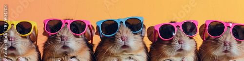 Bright post photo of little hamsters in a row in bright sunglasses against a wall,, concept of summer time and vacation, friendship and cute pets, chill vibe	