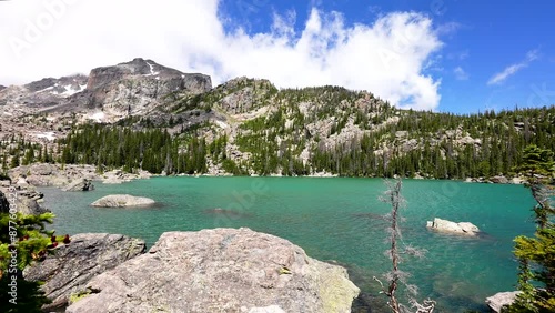 wide pan of emerald green milky waters of in Rocky Mountain National Park