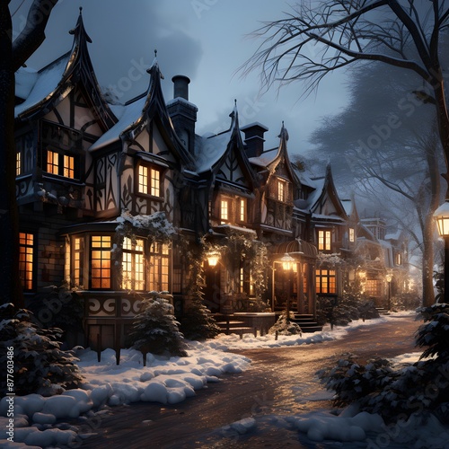 Beautiful winter night in the village. Wooden houses on the background of a snowy forest. © Iman