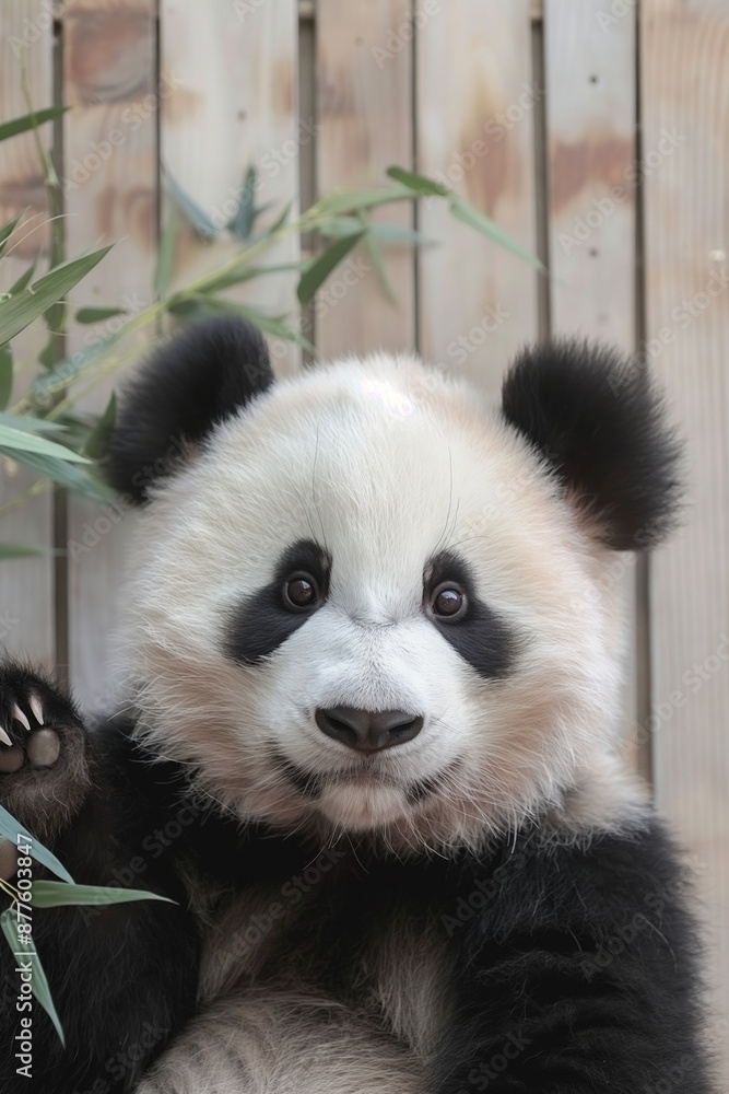 Naklejka premium Panda cub posing against a wooden background with bamboo leaves
