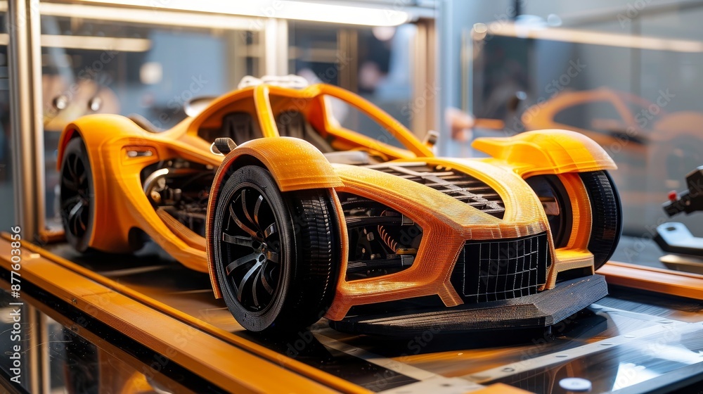 3d printing of the car. A small model of a racing car printed on a 3d printer 3d printing of the car. A small model of a racing car printed on a 3d printer