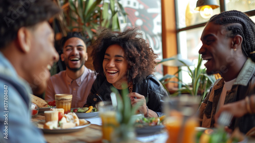 Group of friends are having fun and eating in restaurant