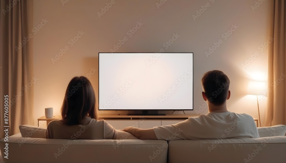 Back view of adult couple watching TV at home while sitting on sofa, night time,
Back view of adult couple watching TV at home while sitting on sofa, night time,