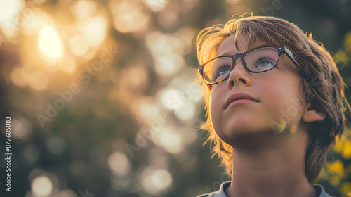 Young boy wearing glasses looking up at the sky with hope