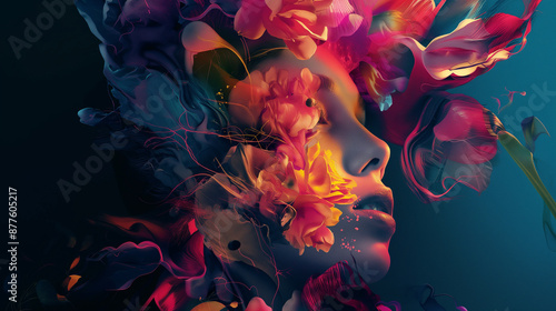 Woman emerging from colorful flowers fantasy portrait