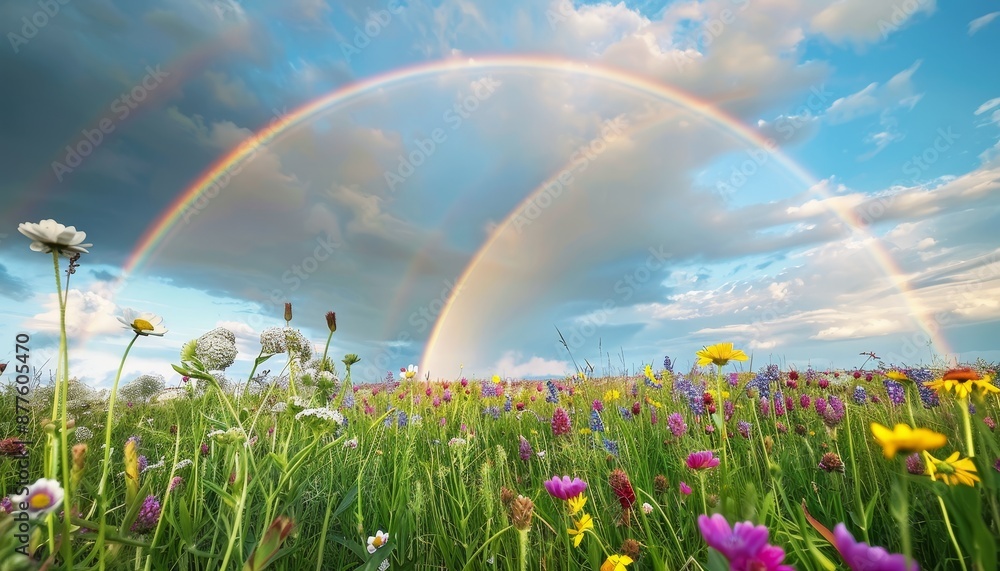 Fototapeta premium Breathtaking Double Rainbow Over a Lush Summer Field