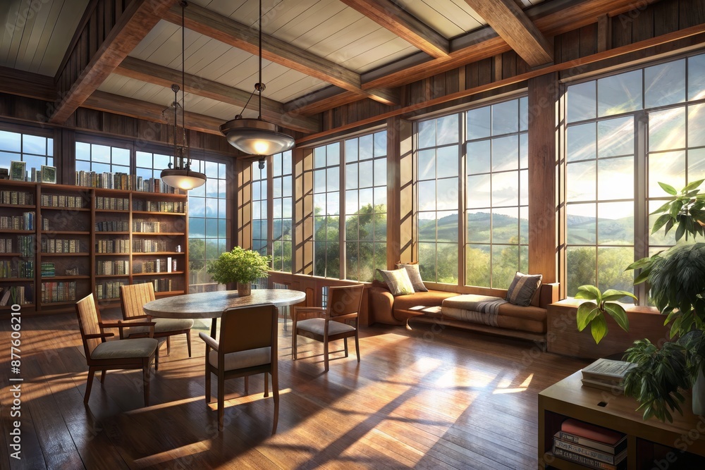 Sunlit sanctuary: a serene reading room bathed in golden hour light Sunlit sanctuary: a serene reading room bathed in golden hour light