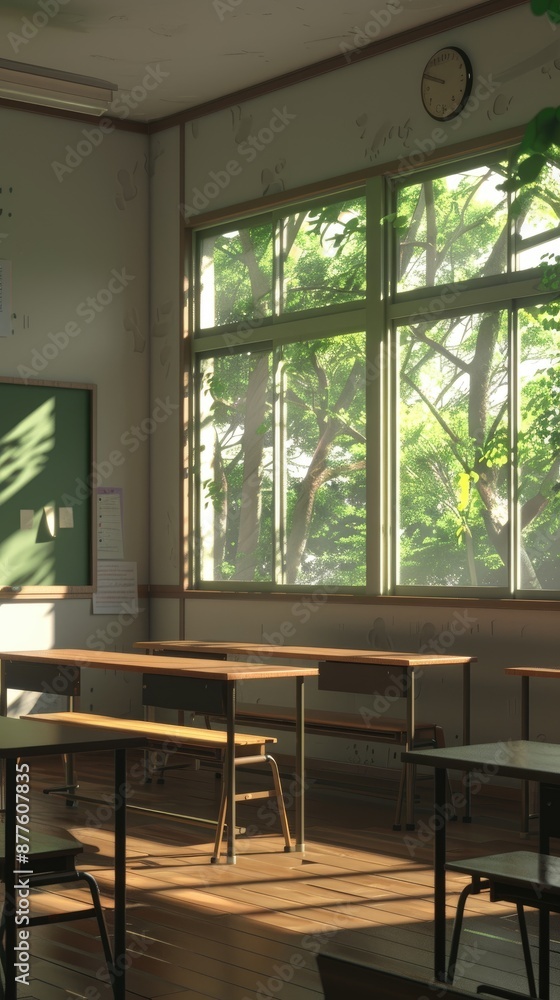 Fototapeta premium A classroom with wooden desks and chairs, two large windows, and palm trees